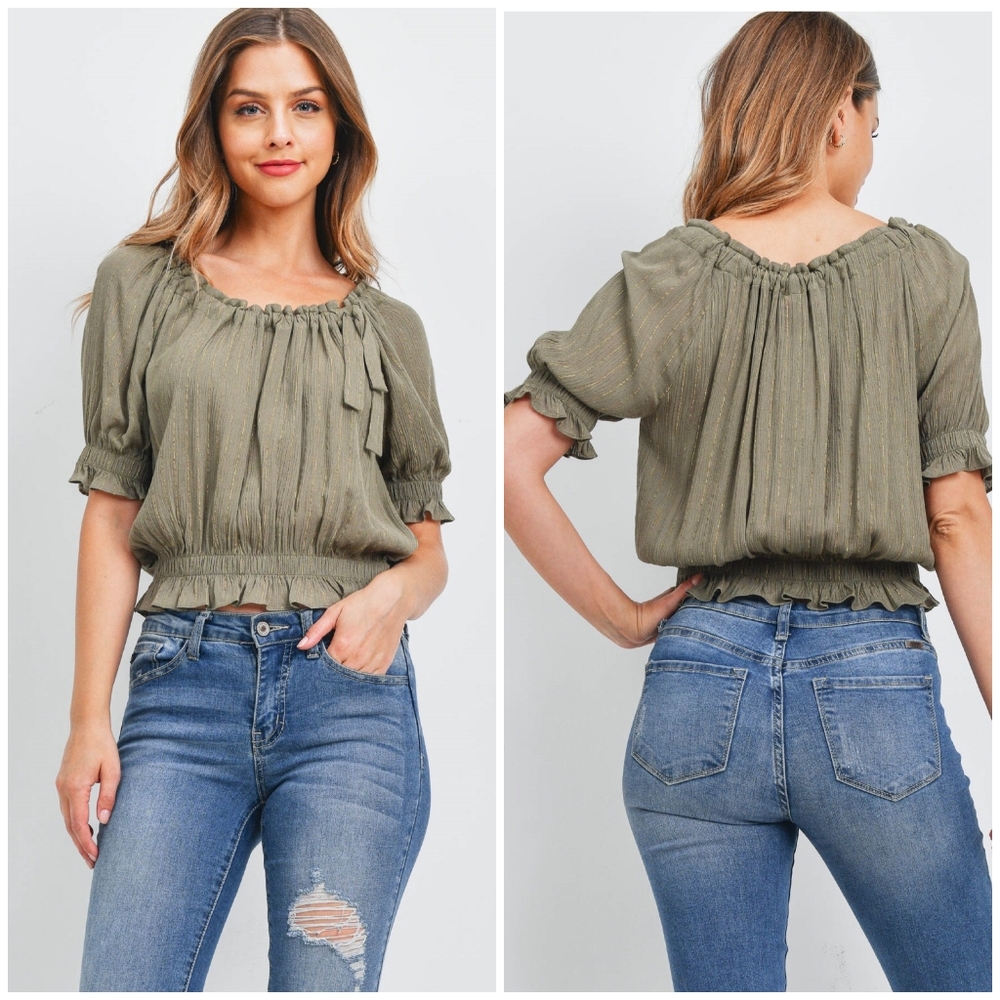 LAST 1❗️Re:Named Nordstrom Olive/Gold Off Shoulder Top - Picture 7 of 7
